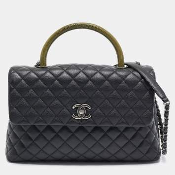 Pre Owned Chanel Black/Green Quilted Caviar Leather and Lizard Large Coco Top Handle Bag