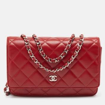 Pre Owned Chanel Red Quilted Leather CC Wallet On Chain