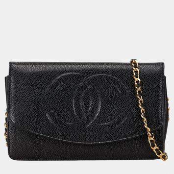 Pre Owned Chanel Black Caviar Skin Leather Coco Mark Chain Wallet