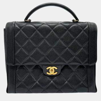 Pre Owned Chanel Black Gold Caviar Skin Leather Matelasse Handbag