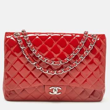 Pre Owned Chanel Red Quilted Patent Leather Maxi Classic Double Flap Bag