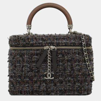Pre Owned Chanel Multicolor/ Brown Tweed Vanity Case Wood Handle Bag