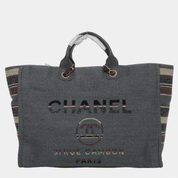 Pre Owned Chanel Grey/ Red/ Multicolor Large Deauville Tote Bag