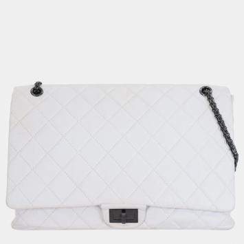 Pre Owned Chanel White Leather Distressed Maxi Reissue Flap Bag