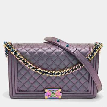 Pre Owned Chanel Purple Iridescent Quilted Leather New Medium Boy Flap Bag