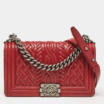 Pre Owned Chanel Red Leather Medium Paris-Edinburgh Celtic Boy Bag