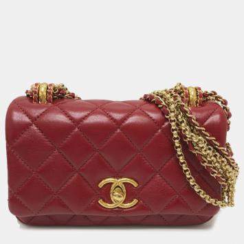 Pre Owned Chanel Red Lambskin Coco Mark Matelasse 3 Chain Shoulder Bag