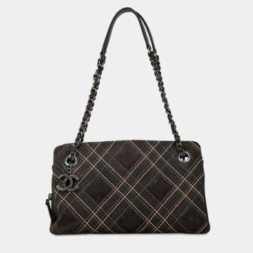 Pre Owned Chanel Grey Suede Leather Wild Stitch Coco Mark Chain Shoulder Bag