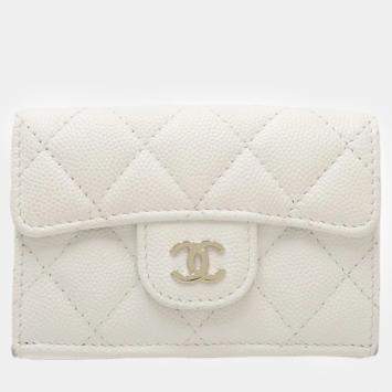 Pre Owned Chanel White Caviar Skin Classic Small Flap Matelasse Trifold Wallet