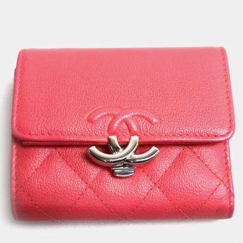 Pre Owned Chanel Pink Matelasse Small Flap Trifold Wallet
