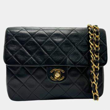 Pre Owned Chanel Black Gold Leather Matelasse Bag