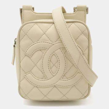 Pre Owned Chanel Light Beige Caviar Skin Leather Matelasse Coco Mark Pochette Bag