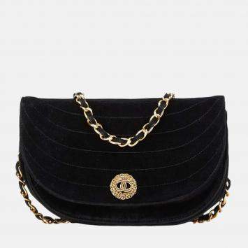 Pre Owned Chanel Black Suede Half Moon Coco Mark Chain Shoulder Bag