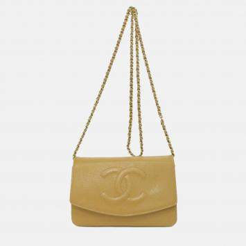 Pre Owned Chanel Caviar Skin Coco Mark Long Chain Wallet
