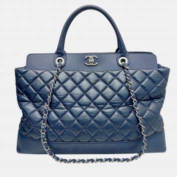 Pre Owned Chanel Navy Leather Matelasse Tote Bag Chain