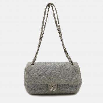 Pre Owned Chanel Silver Fabric Leather Pour Toe Glitter Coco Mark Chain Shoulder Bag