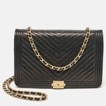 Pre Owned Chanel Black Chevron Caviar Leather Boy Wallet On Chain