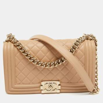 Pre Owned Chanel Beige Quilted Leather Medium Boy Flap Bag