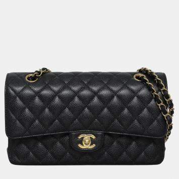 Pre Owned Chanel Black Caviar Leather Medium Classic Double Flap Bag 