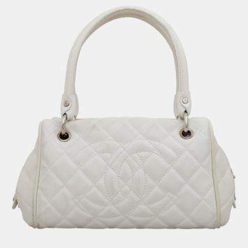 Pre Owned Chanel White Caviar Leather Timeless Bowler Shoulder Bag 
