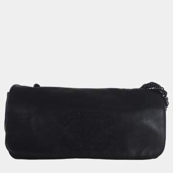 Pre Owned Chanel Black Lambskin Studded CC East West Shoulder Bag