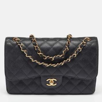 Pre Owned Chanel Black Caviar Quilted Leather Jumbo Classic Double Flap Bag