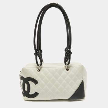 Pre Owned Chanel White/Black Quilted Leather Cambon Ligne Bowler Bag