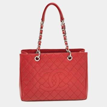 Pre Owned Chanel Red Quilted Caviar Leather Grand Shopper Tote