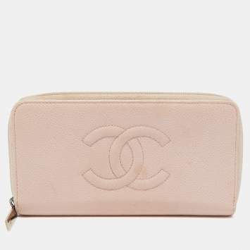 Pre Owned Chanel Pink Caviar Leather CC Timeless Zip Around Wallet
