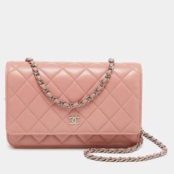 Pre Owned Chanel Peach Pink Quilted Leather CC Flap Wallet on Chain
