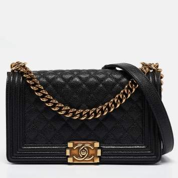 Pre Owned Chanel Black Quilted Caviar Leather Medium Boy Flap Bag