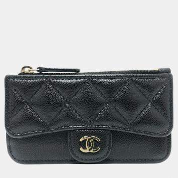 Pre Owned Chanel Black Caviar Skin Coco Mark Matelasse Classic Zip Business Card Holder