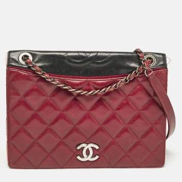Pre Owned Chanel Burgundy/Black Quilted Leather and Canvas Medium Ballerine Flap Bag