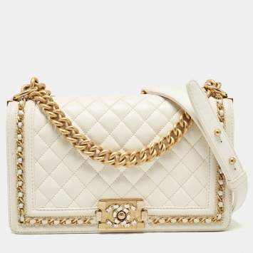 Pre Owned Chanel Off White Quilted Caviar Leather Medium Chain Around Boy Flap Bag