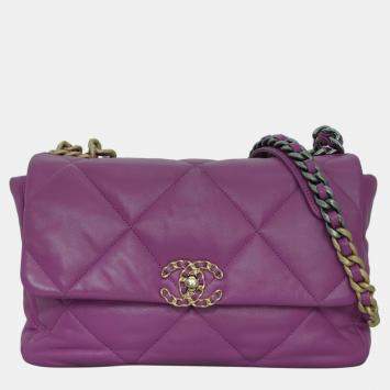Pre Owned  Chanel Violet Leather Quilted Small 19 Shoulder Bag
