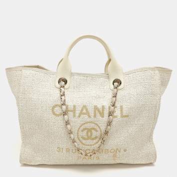 Pre Owned Chanel Cream Tweed and Leather Deauville Tote