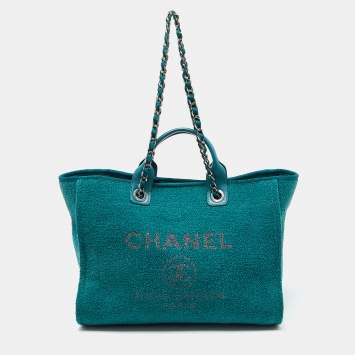 Pre Owned Chanel Teal Green Tweed Large Deauville Shopper Tote