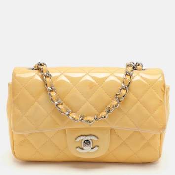 Pre Owned Chanel Yellow Patent Leather Mini Rectangle Classic Single Flap bag