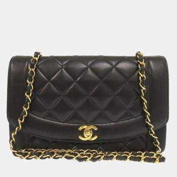 Pre Owned Chanel Black Lambskin Diana 25 Medium Mattelasse Shoulder Bag