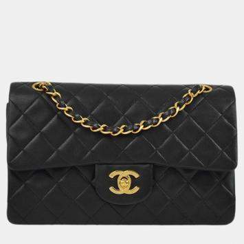 Pre Owned Chanel Black Lambskin Small Classic Double Flap Shoulder Bag