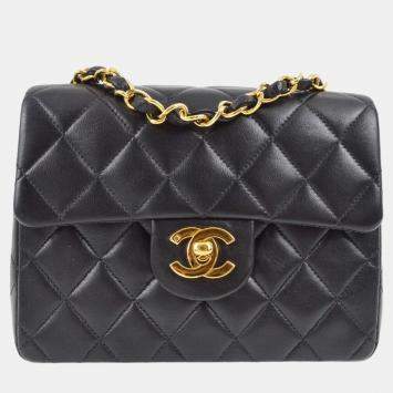 Pre Owned Chanel Black Lambskin Mini Classic Square Flap Shoulder Bag 17