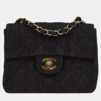 Pre Owned Chanel Black Denim Mini Classic Square Flap Shoulder Bag 17