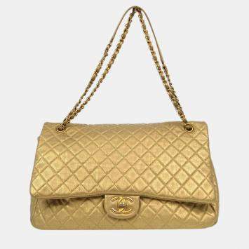 Pre Owned Chanel Gold Calfskin XXL Single Flap Shoulder Bag
