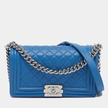 Pre Owned Chanel Light Blue Quilted Leather Medium Boy Flap Bag