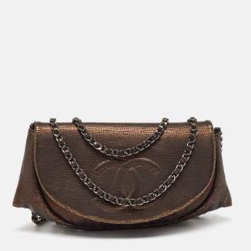 Pre Owned Chanel Metallic Brown Leather CC Half Moon Wallet on Chain