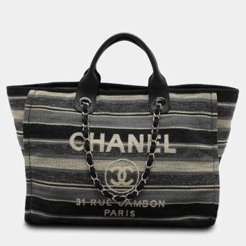 Pre Owned Chanel Grey Striped Canvas and Leather Large Deauville Shopper Tote