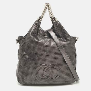 Pre Owned Chanel Metallic Grey Leather Perforated Rodeo Drive Hobo