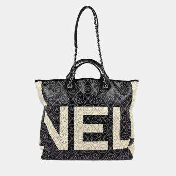 Pre Owned Chanel Black Printed Coated Canvas Logo Camellia Shopping Tote Bag