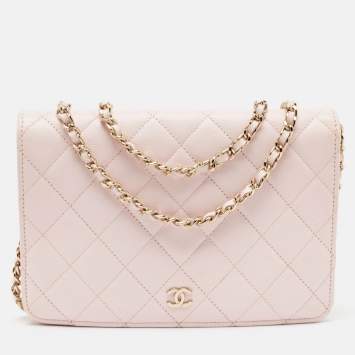 Pre Owned Chanel Light Pink Quilted Caviar Leather CC Wallet On Chain