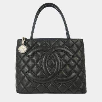 Pre Owned Chanel Black Calfskin Medallion Tote Handbag